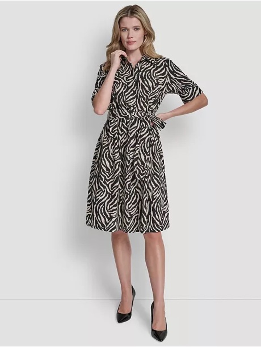 DKNY Elbow Sleeve Collared Neck Button-Front Belted Shirt Dress Zebra Print